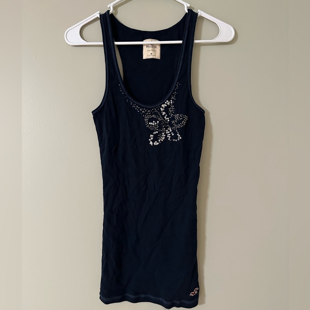 Hollister Navy Tank Top with Embellished Design